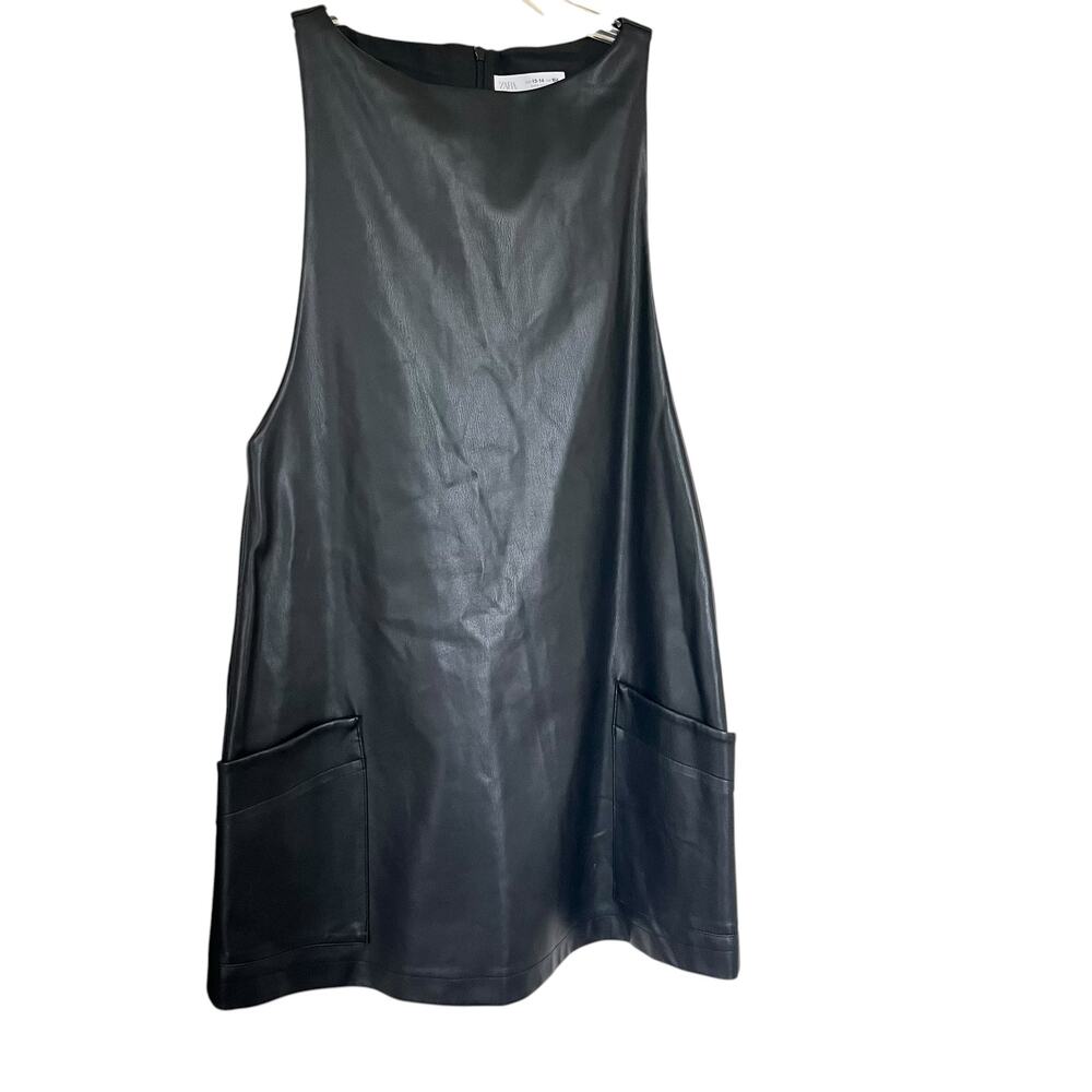 Zara Girls Black Faux Leather Pinafore Dress 13-14 Zipper Pocket Lined